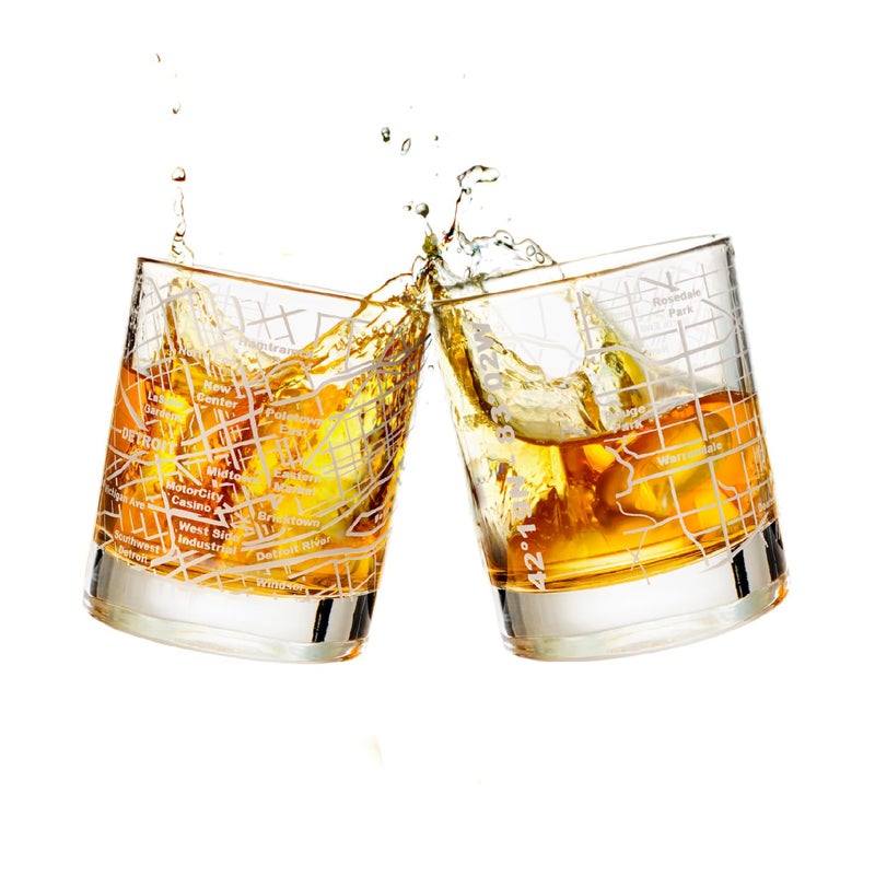 Greenline Goods Whiskey Glasses - 10 Oz Tumbler Set for Detroit, Michigan lovers, Etched with Detroit Map Old Fashioned Rocks Glass - Set of 2 - Image 1